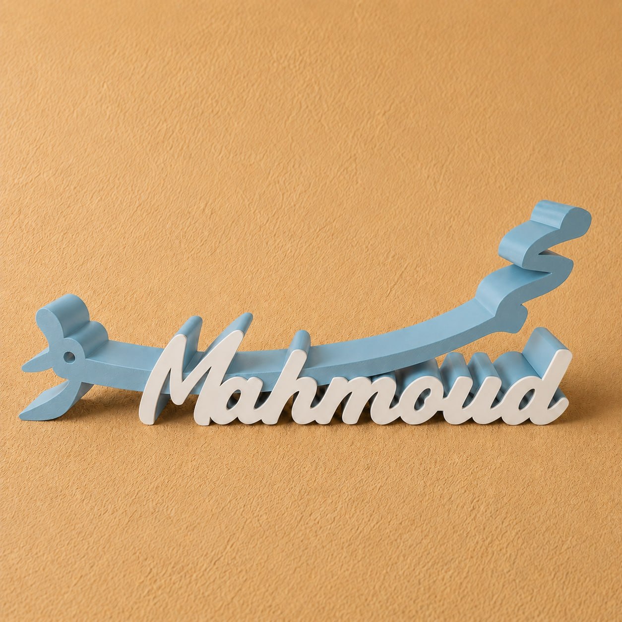 Customized Arabic and English name stand- light blue & white , personalized with your chosen name in an elegant bilingual design, perfect for desks, offices, home décor, or gift.