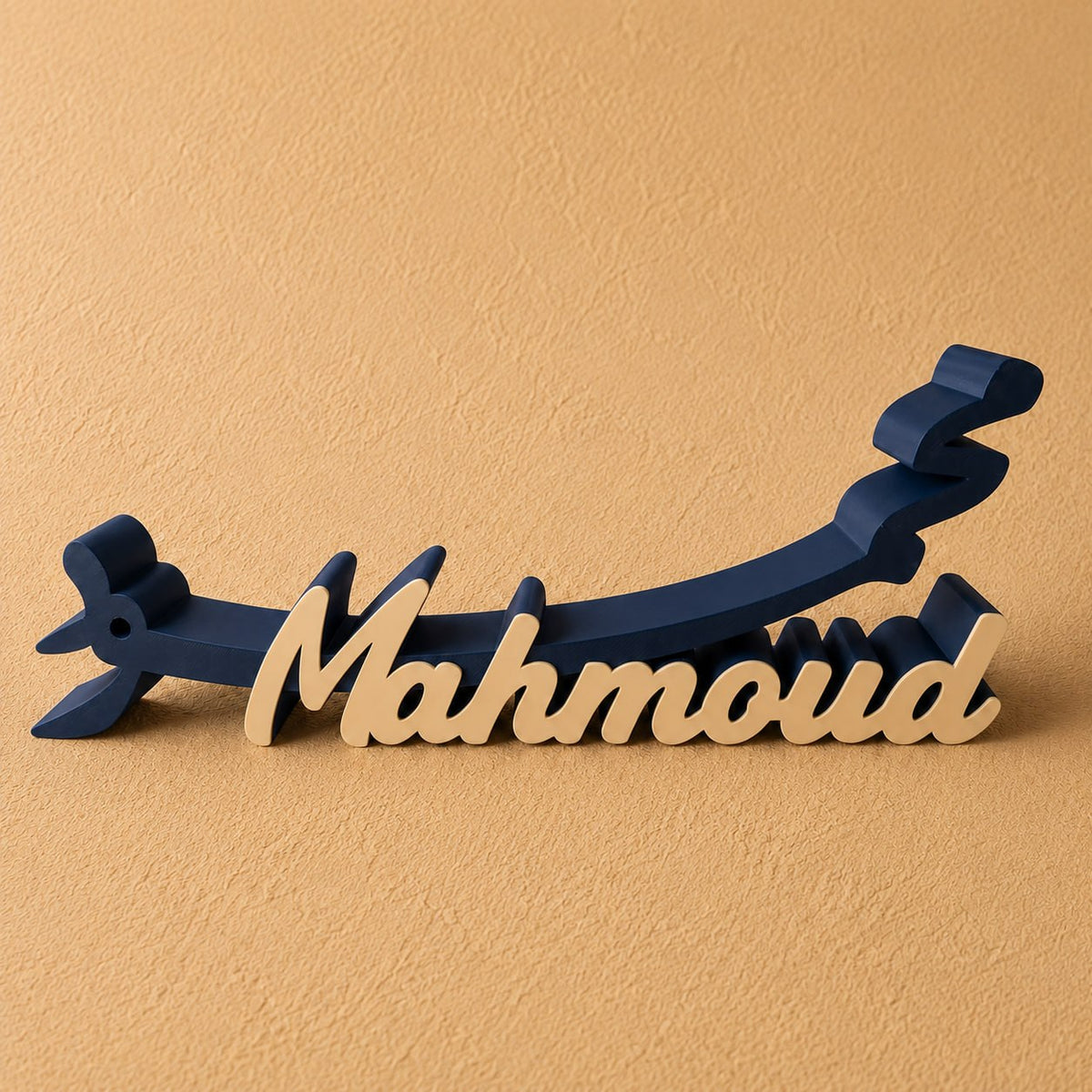 Customized Arabic and English name stand- navy & ivory, personalized with your chosen name in an elegant bilingual design, perfect for desks, offices, home décor, or gifting.