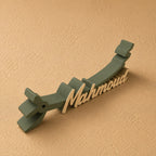 Customized Arabic and English name stand- Olive green & Ivory side view, personalized with your chosen name in an elegant bilingual design, perfect for desks, offices, home décor, or gifting.