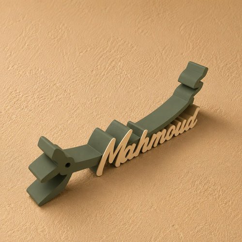 Customized Arabic and English name stand- Olive green & Ivory side view, personalized with your chosen name in an elegant bilingual design, perfect for desks, offices, home décor, or gifting.