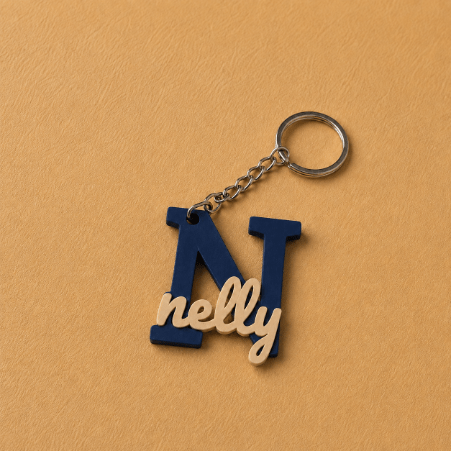 Customized name medals featuring each customer’s name and initial, creating a unique personalized accessory designed especially for them, navy and ivory