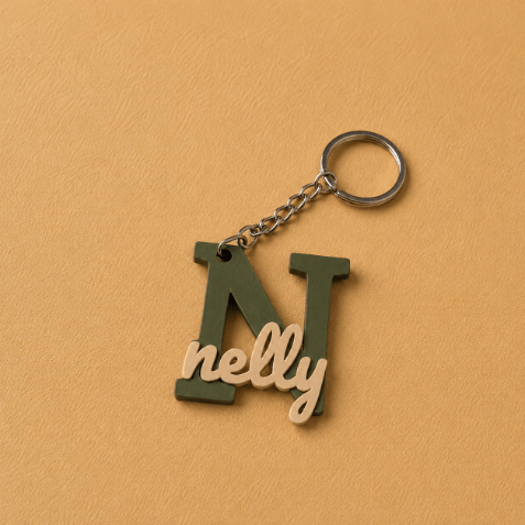 Customized name medals featuring each customer’s name and initial, creating a unique personalized accessory designed especially for them, olive green and ivory 