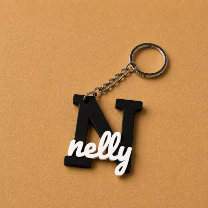 Customized name medals featuring each customer’s name and initial, creating a unique personalized accessory designed especially for them, Black & white