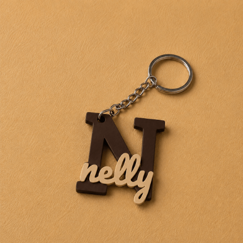 Customized name medals featuring each customer’s name and initial, creating a unique personalized accessory designed especially for them, brown & ivory 