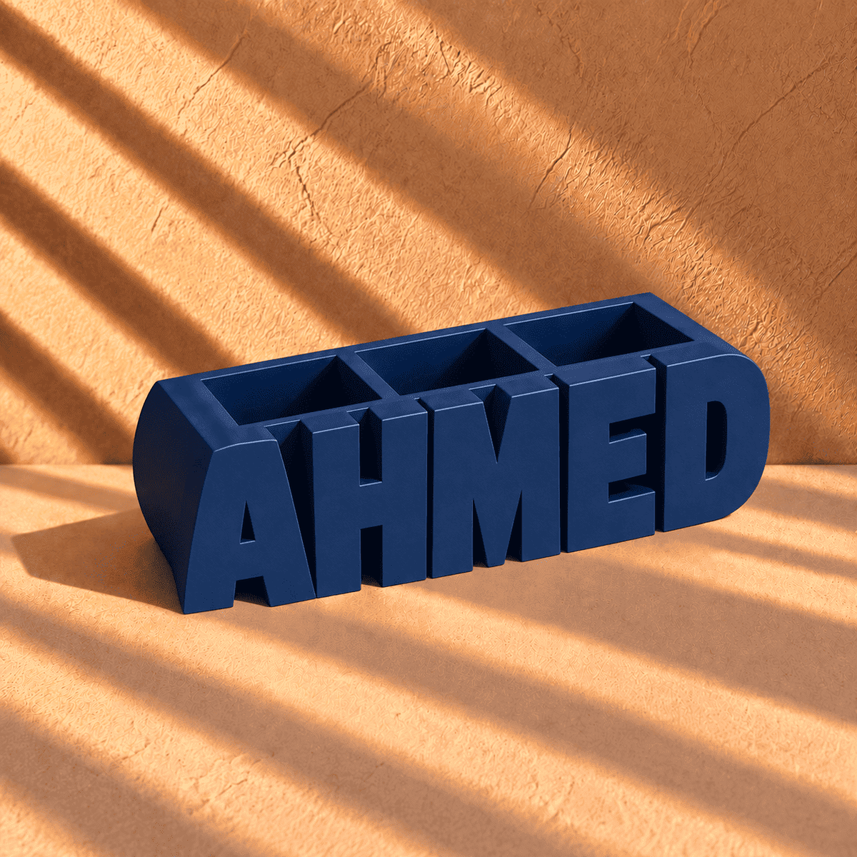 Customized Navy 3D-printed name pen holder, personalized with your chosen name in English, perfect for a desk or office.  