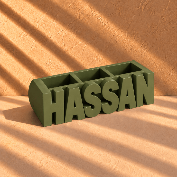 Customized Olive green 3D-printed name pen holder, personalized with your chosen name in English, perfect for a desk or office.  