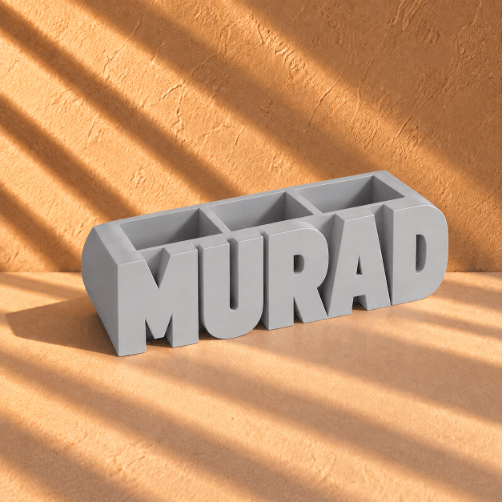 Customized light gray 3D-printed name pen holder, personalized with your chosen name in English, perfect for a desk or office.  