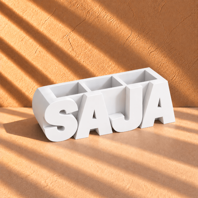 Customized white 3D-printed name pen holder, personalized with your chosen name in English, perfect for a desk or office.  