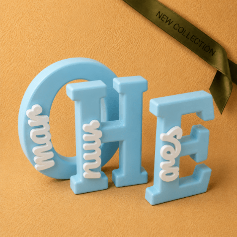Family Collection of customized name stands- light blue and white, featuring personalized initials paired with individual names in a decorative 3D design.