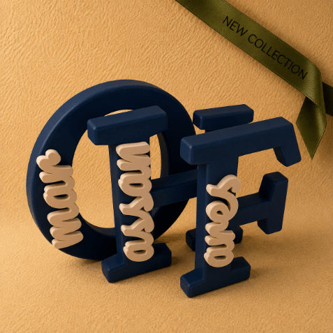 Family Collection of customized name stands- navy and ivory, featuring personalized initials paired with individual names in a decorative 3D design.