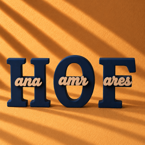 Family Collection of customized name stands- center design, featuring personalized initials paired with individual names in a decorative 3D design.