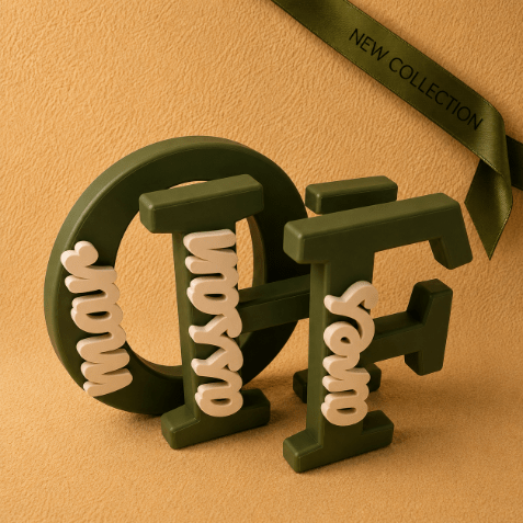 Family Collection of customized name stands- olive green and ivory, featuring personalized initials paired with individual names in a decorative 3D design.