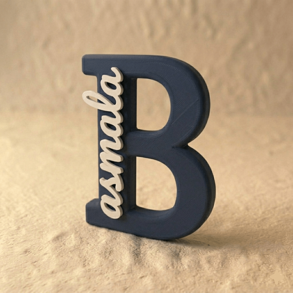 Personalized initial B name display with the custom name Basmala, 3D printed in premium navy blue and matte beige PLA -vertical design- for personalized home décor and gifting.