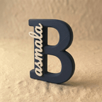 Personalized initial B name display with the custom name Basmala, 3D printed in premium navy blue and matte beige PLA -vertical design- for personalized home décor and gifting.