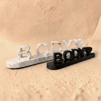 Personalized 3D printed name sign featuring the custom name Body with a heart accent, crafted in premium marble and black PLA-two sizes- . Freestanding custom desk name plate and personalized gift for couples, bedrooms, offices, and home décor.